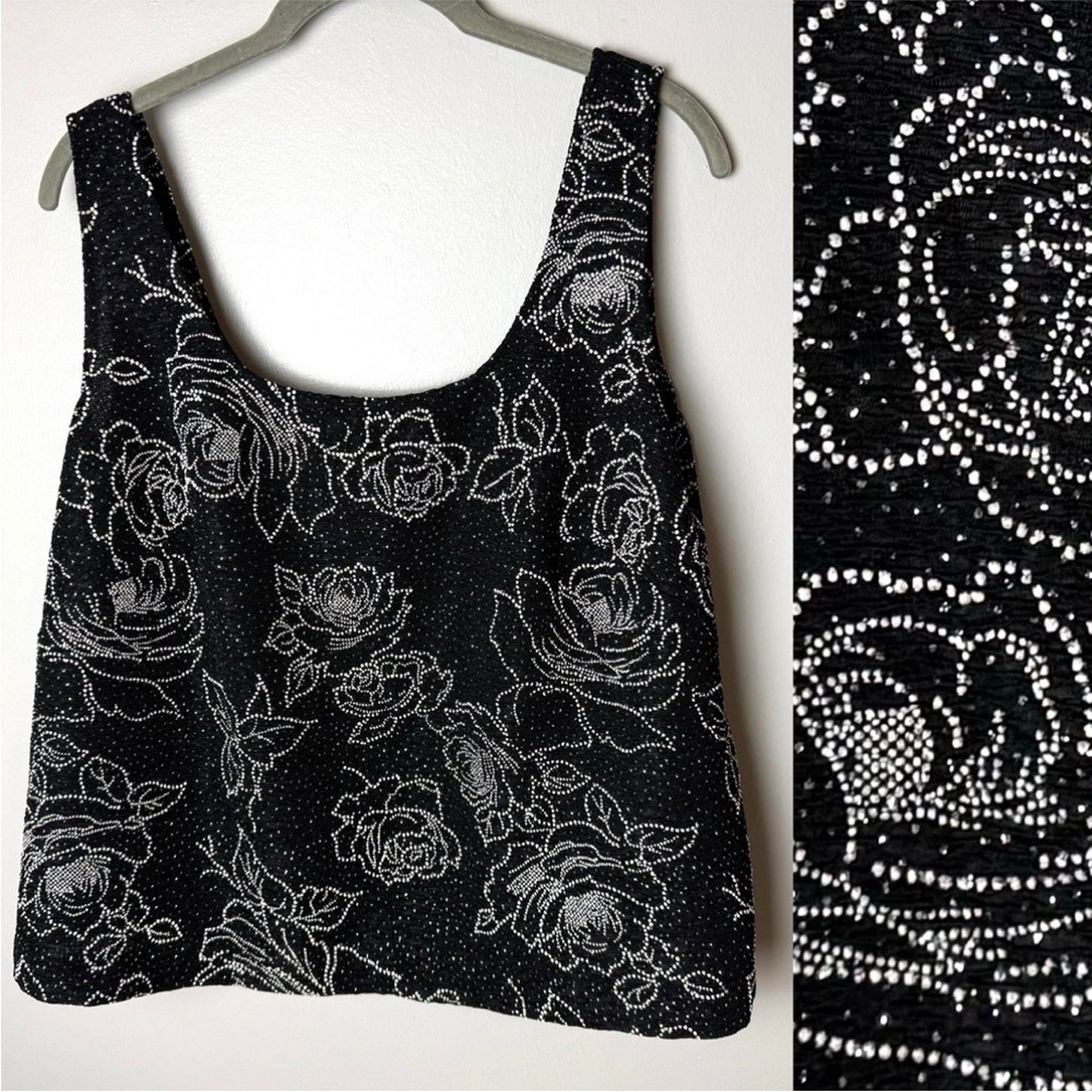 Alex Evenings Top Size XL Sleeveless Tank Stretch Black White Bling Roses Formal